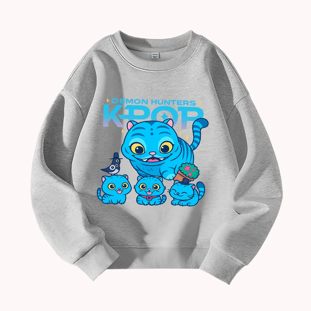 شيطان الصيادين Kpop الأزرق القط الأسرة الجرافيك البلوز لطيف هريرة الطيور الزهرية المطبوعة عارضة السترة أزياء للجنسين