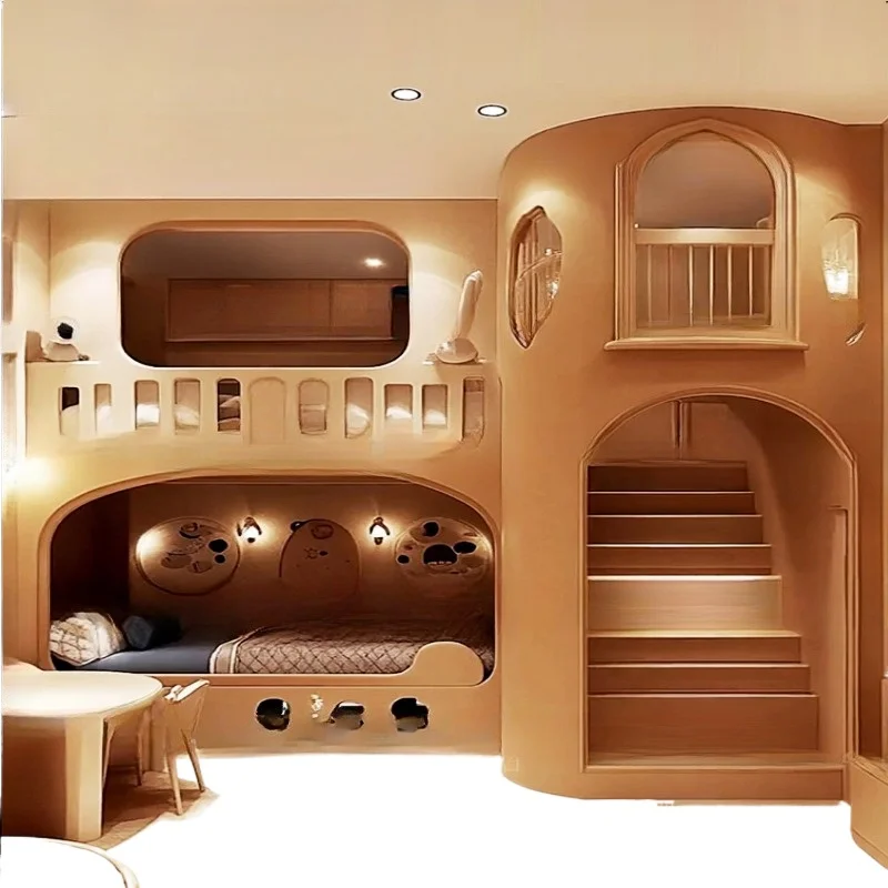 Log wind tree house   bed, solid wood wind forest bed, staircase second floor double be d