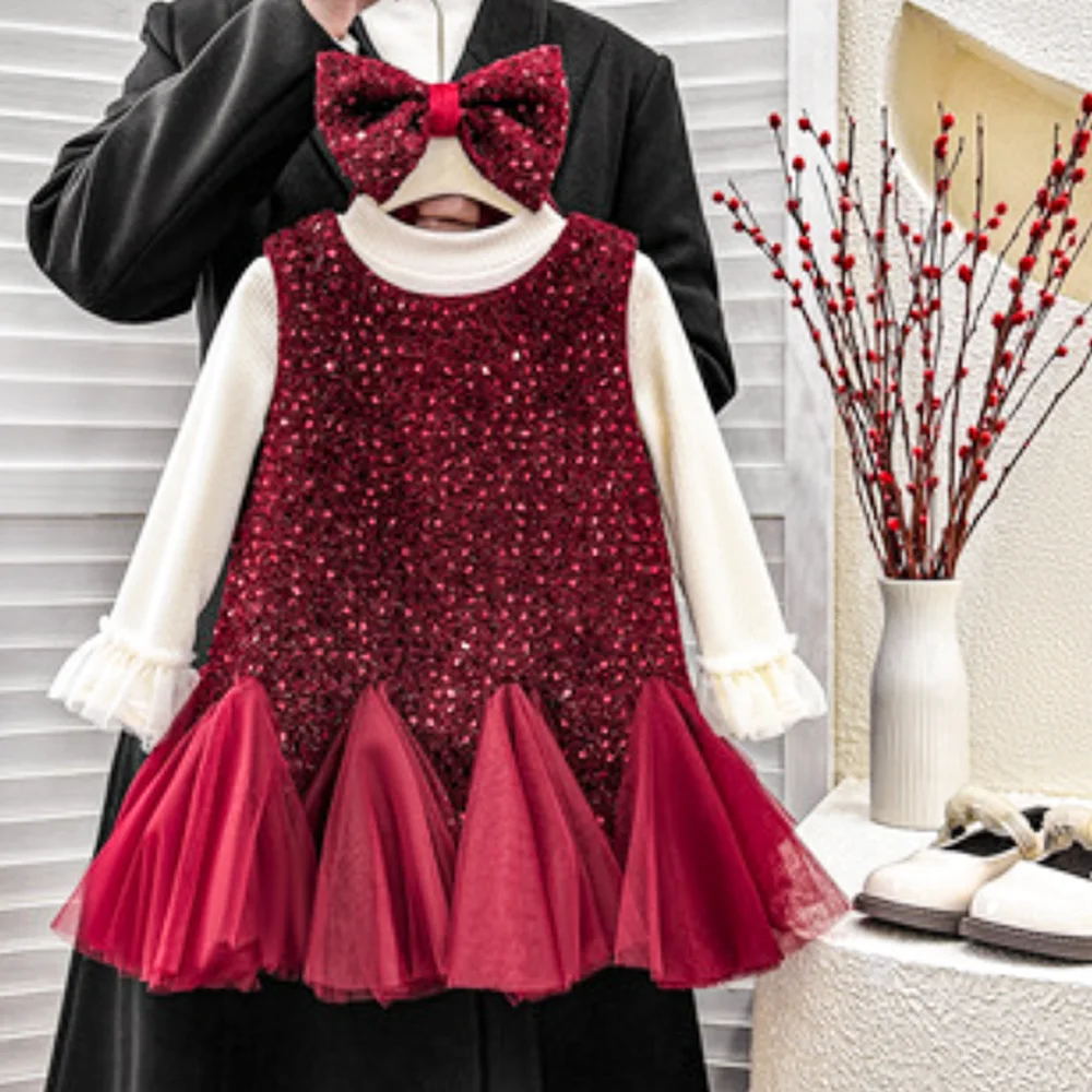 

Red Sequined Princess Dress For Girls Fleece-lined Sweater Set Autumn Children's Dress Party Night Birthday Christmas Clothing