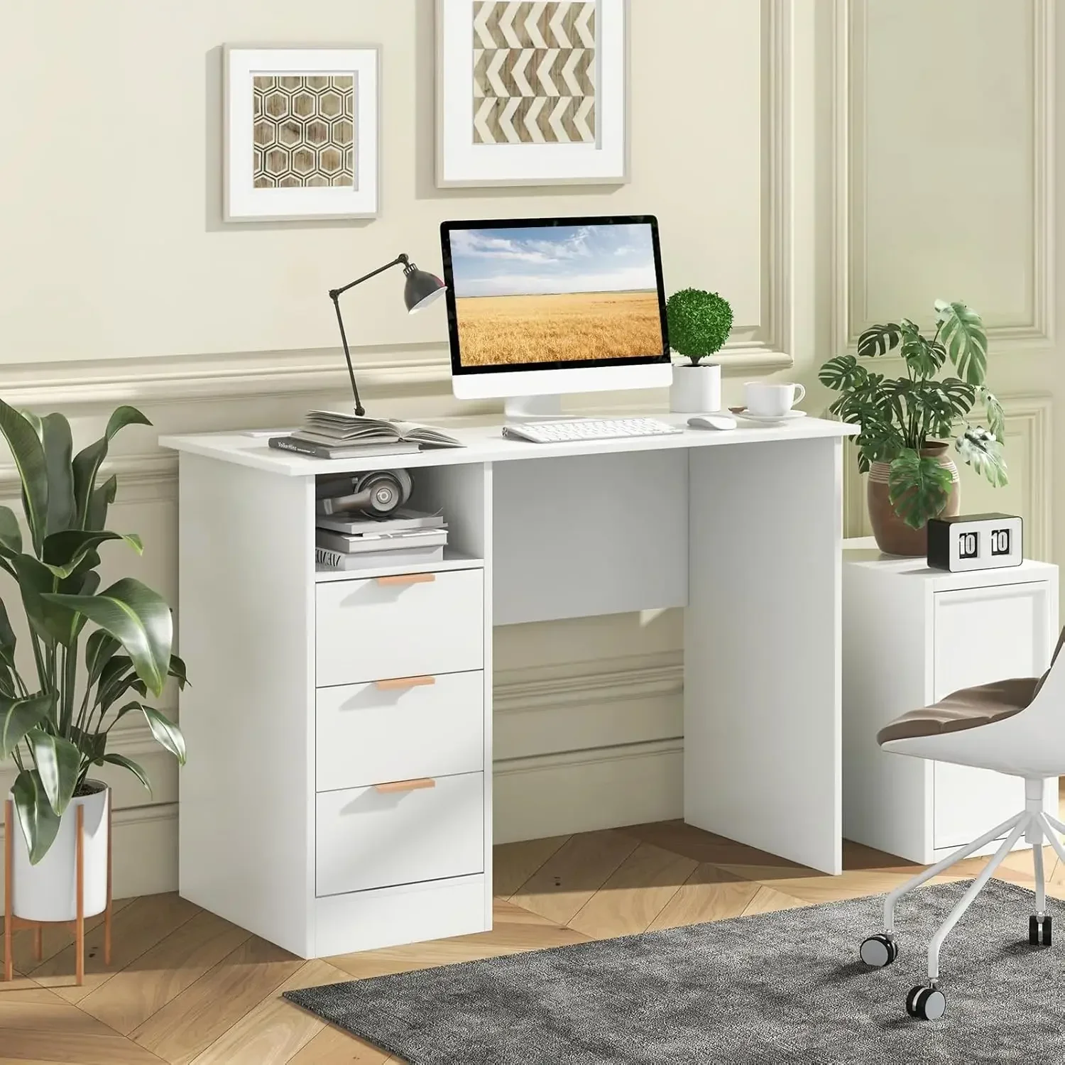 White Desk with 3 Drawers & Built-in Charge Station, Home Office Desk with Open Storage Shelf (White)