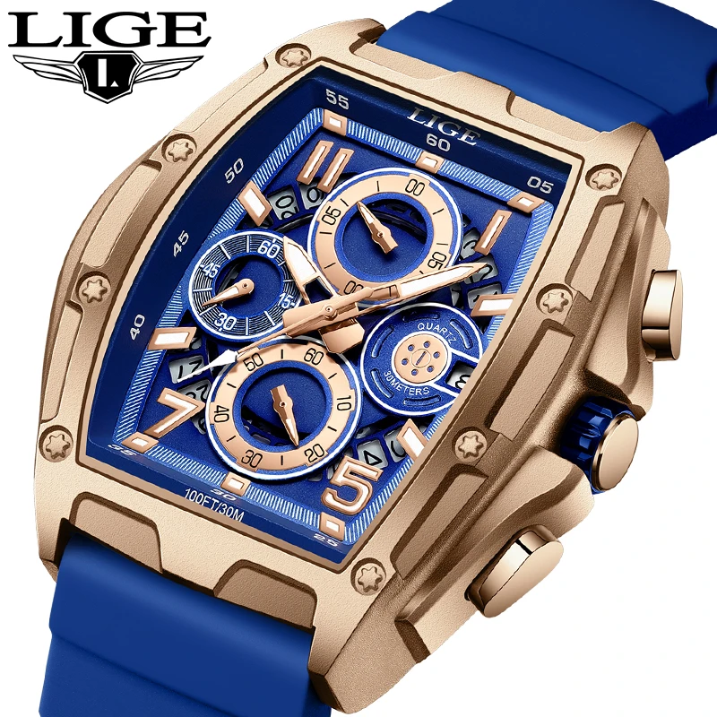 LIGE Square Fashion Simple Quartz Man Watch Luxury Waterproof Watches for Men Silicone Date Military Casual Sport Wristwatch+Box