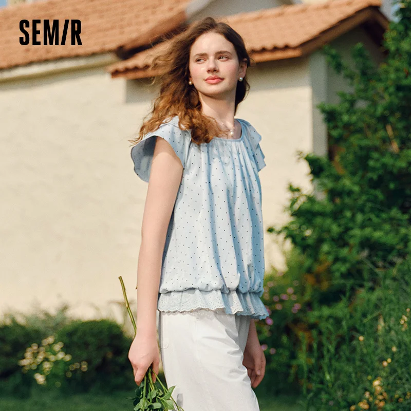 Semir Korte Mouw Blouse Vrouwen Crop Top U-hals Polka Dot Borduren Ontwerp 2025, Nieuwe Zomer Zoete Bubble Mouw top