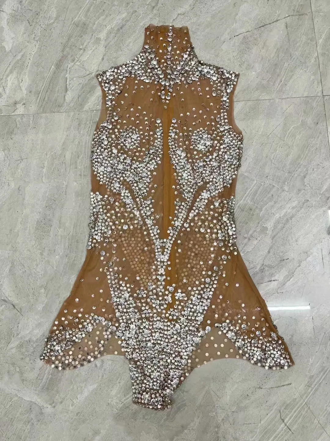 Sparkly Rhinestones Leotard Women Sexy Stage Mesh See Through Dance Performance Costume Singer Dancer Club Photoshoot Bodysuit
