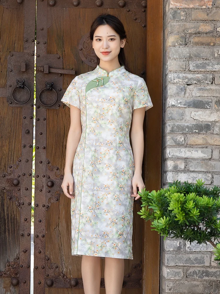 

Retro Style Cotton Linen Print Qipao Dress Women's Improved Version Stand Collar Short Sleeve mid Length Skirt Breathable