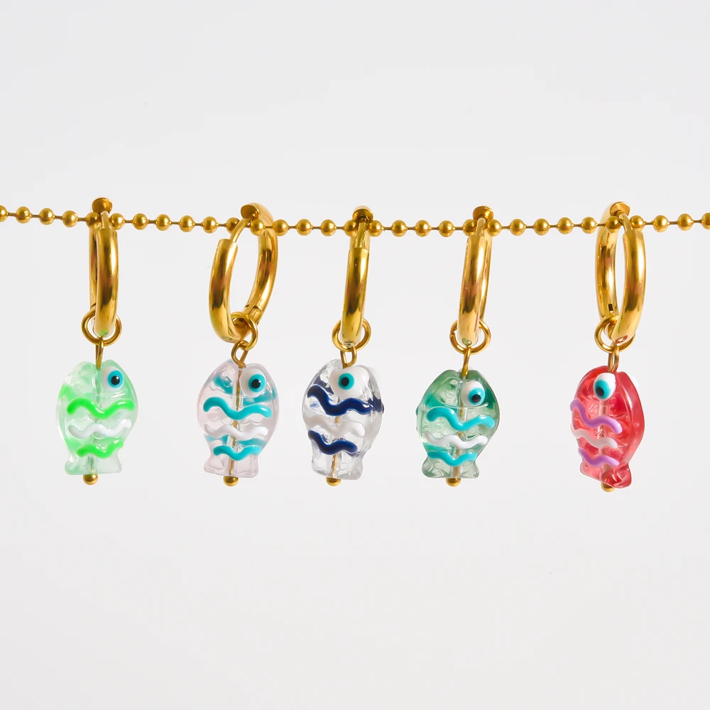1/5pair Crystal Glass Sea Animal Ear Hoop Earring Colorful Stripe Small Fish Cute Waterproof Accessories Bijoux Femmes Jewelry