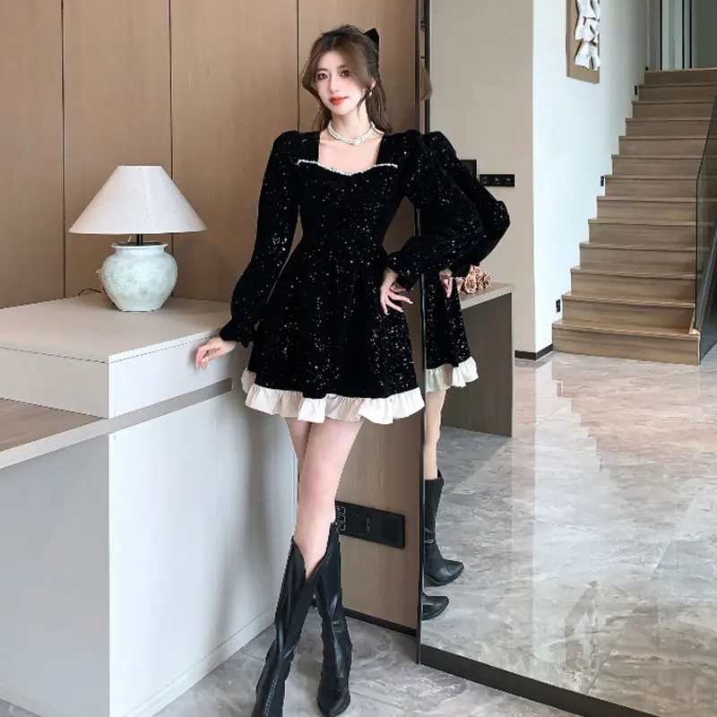 Autumn Vintage Party Dot Dresses Women Korea Elegant Chic Princess Square Collar Long Sleeve Retro Christmas New Year Mini Dress