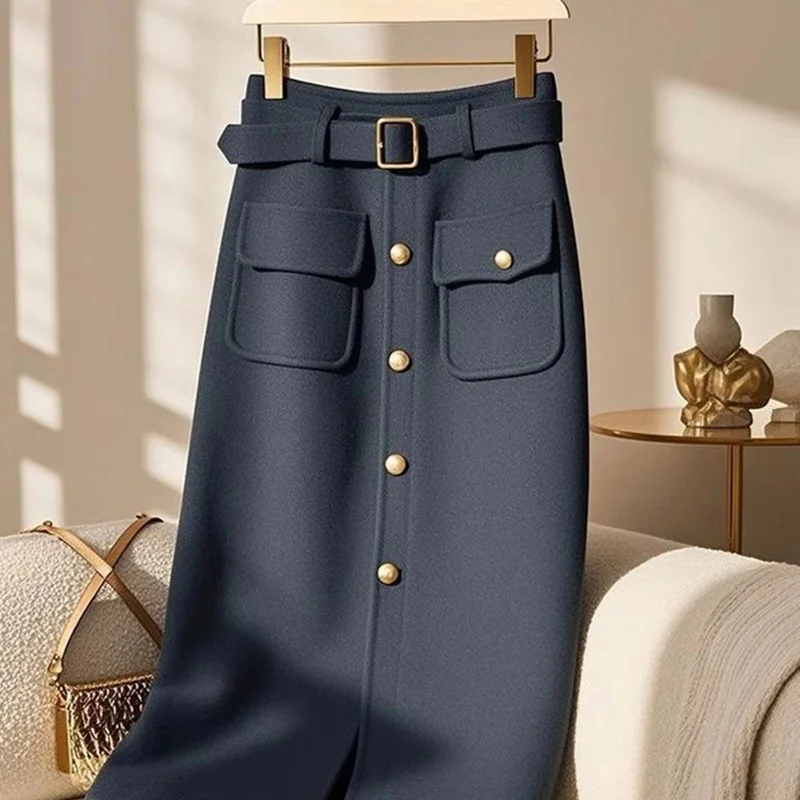 Temperament Vintage High Waist Skirts Women Clothes Spring Autumn New Fashionable All-match Buttons Solid Color A-line Skirt