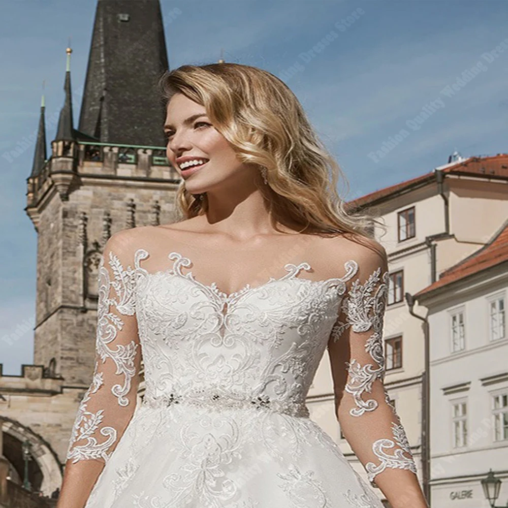 Spitze A-Linie Dame Brautkleider sexy Glitzer Tüll Dreiviertel ärmel Brautkleider Wisch länge Dame Vestidos de Novia