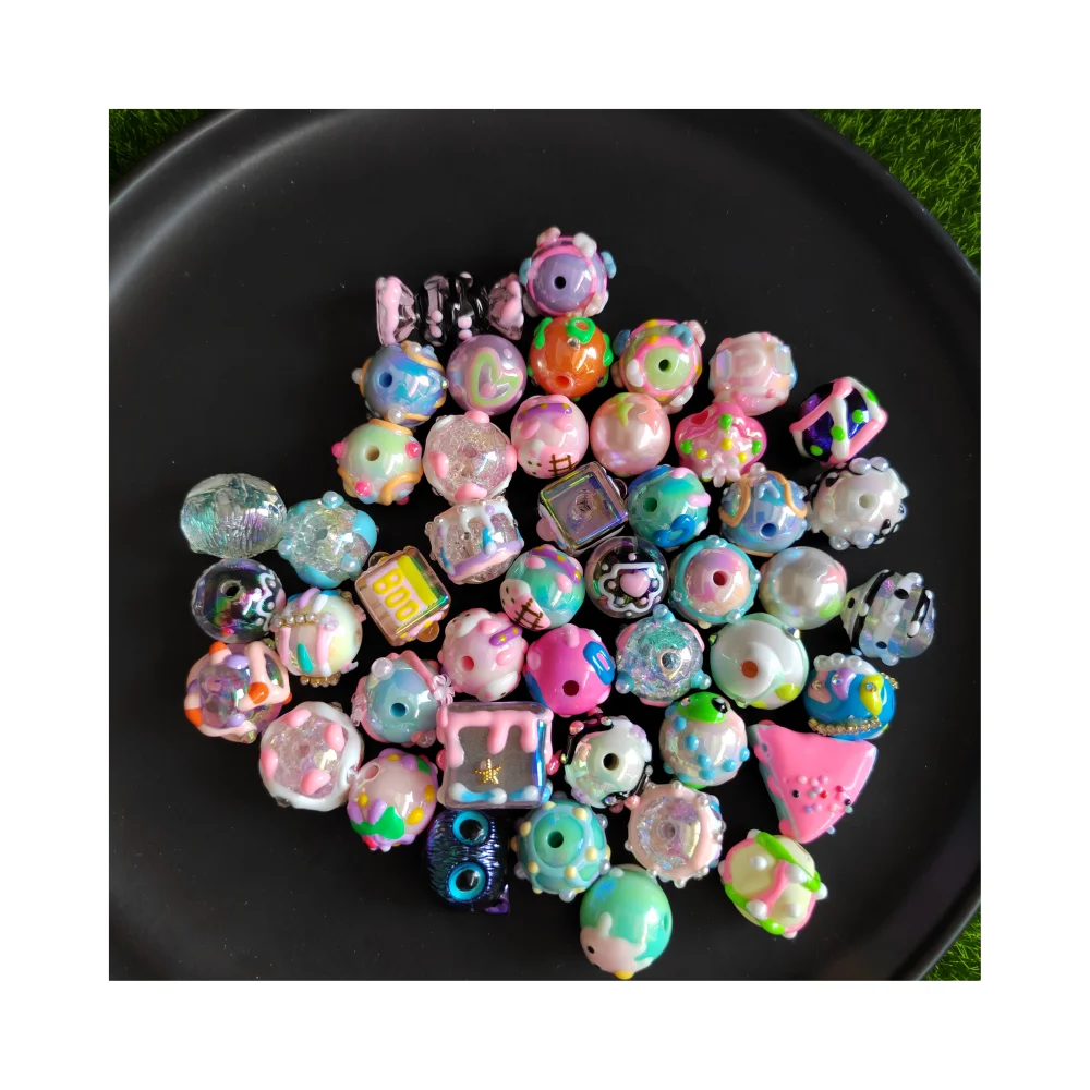 Trendy New Hand Painting Oil Drop Floral Round Heart Cube Beads For Necklace Bracelet Bubblegum AB Pearl Acrylic Beading DIY