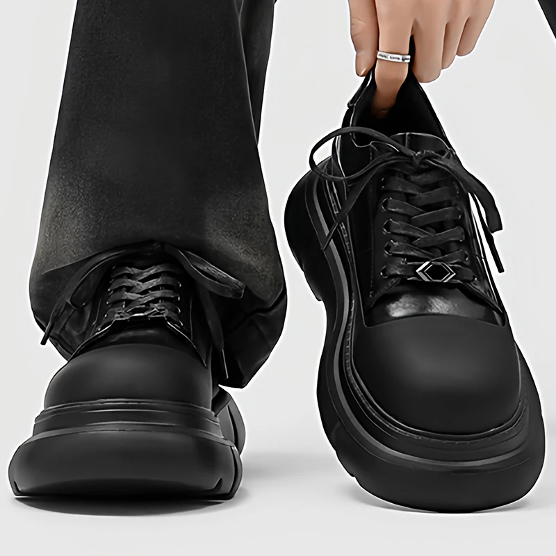 men casual punk rock natural leather shoes lace-up matte black oxfords shoe designer platform sneakers stylish cool footwear man