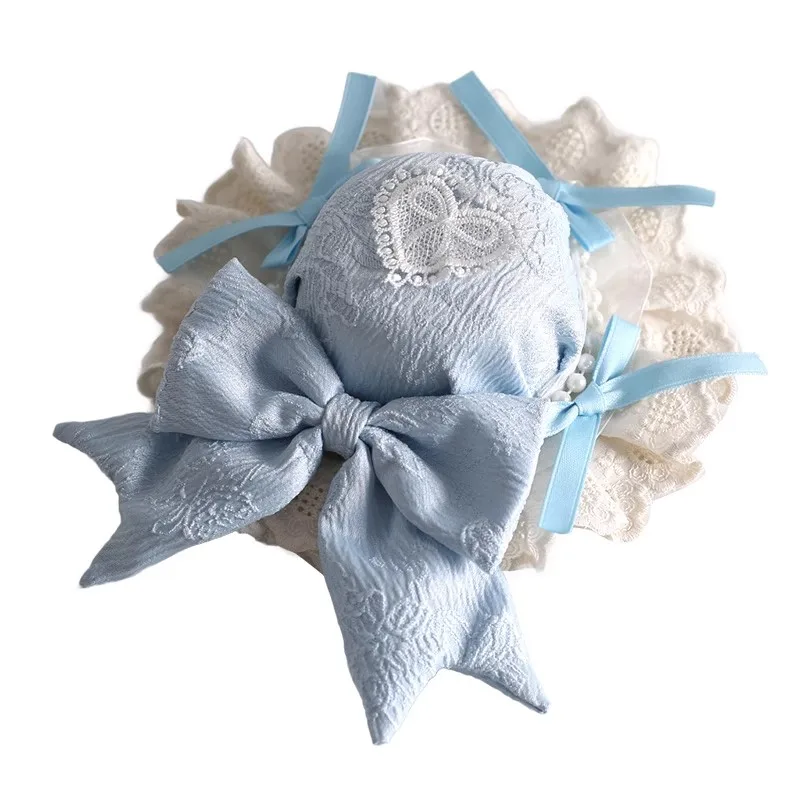 Sombrero pequeño gótico de pescado Multicolor para mujer, gorro plano con lazo de encaje dulce de Lolita, sombrero de Cosplay KC con corazón de mariposa de Ballet azul