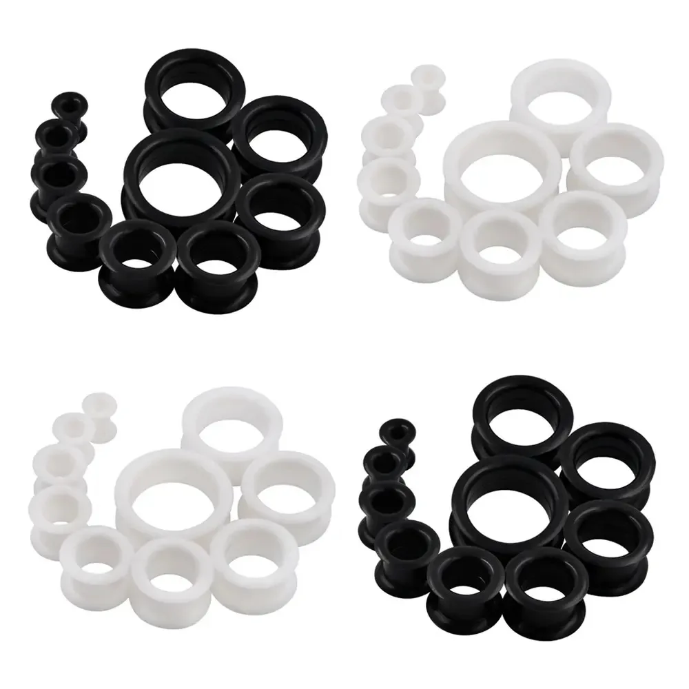 4X Black White Thick Silicone Round Ear Gauge Plug Expander 4g (5mm) - 1'' (25mm) Saddle Flesh Tunnel Stretching Kit
