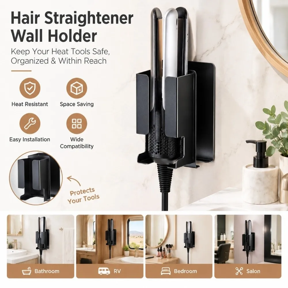 Stainless steel Hair Dryer Holder Black Space Saving Hair Straightener Holder Wall Mounted Easy Install