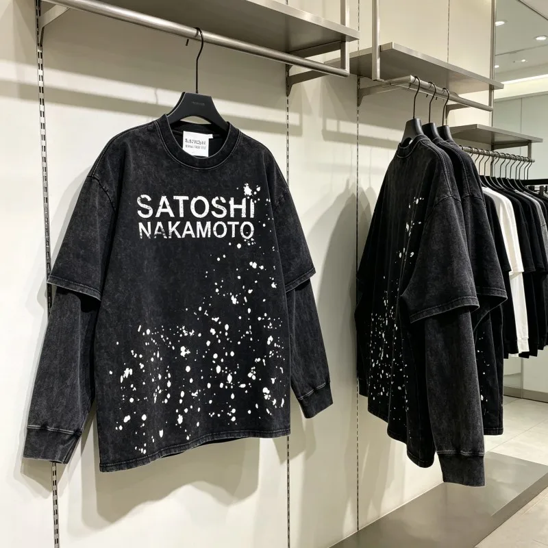 

SATOSHI Fake Two Piece Long Sleeve Tshirts Handmade Ink Splashing Fading Letter Vintage Black Hiphop Street Men Women Pullover