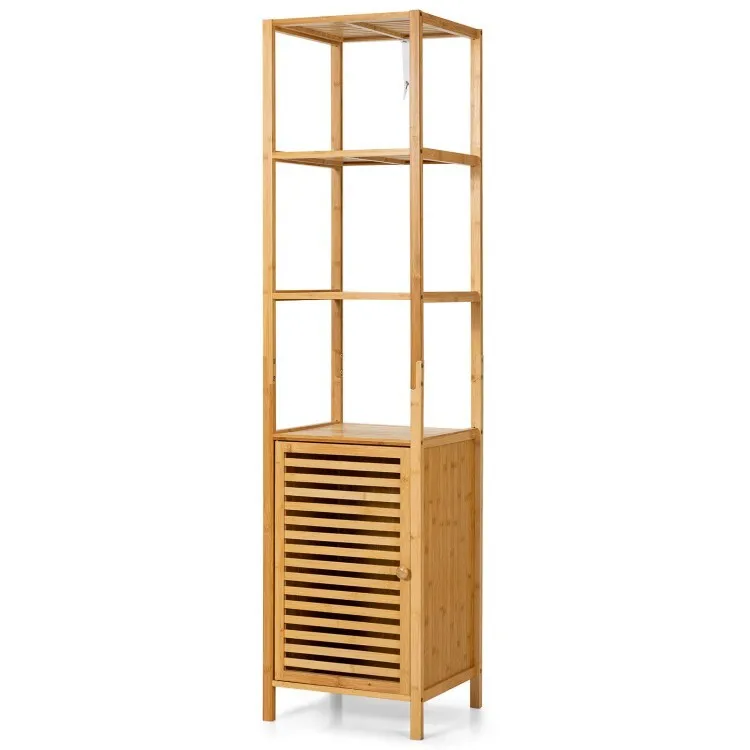 

4 Tier Bamboo Storage Cabinet Bathroom Floor Slim Shelving Unit W/ Shutter Door