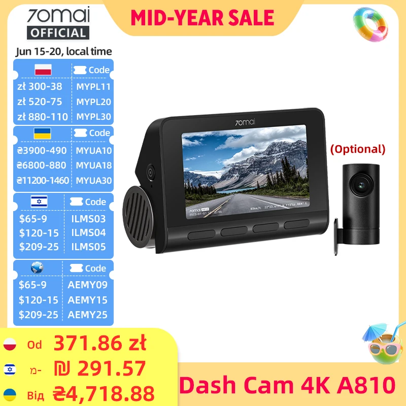 70mai 4K Kamera Samochodowa A810 Zestaw Przedni i Tylny Obsługa Modułu 4G LTE UP04 Zdalne Sterowanie GPS ADAS Rejestrator Jazdy 70mai A810