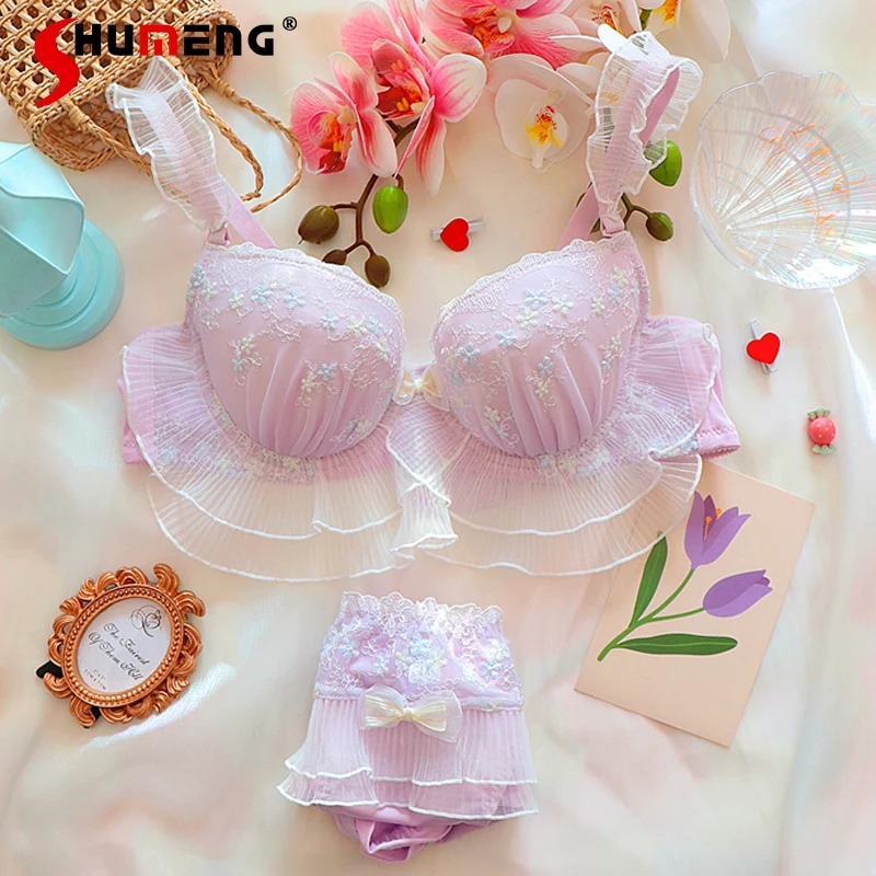 

Fairy Style Japanese High Quality Brief Sets Female Embroidered Underwire Lingerie Set Women Thin Purple Push Up Bra Suits