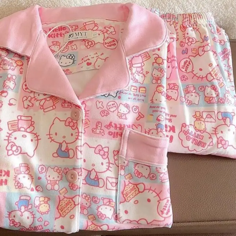 

Пижамный комплект Sanrio для девочек microvilli hello kitty kawaii, студенческий повседневный комплект с героями мультфильмов, осенне-зимний комплект одежды для отдыха с круглым вырезом, новый стиль