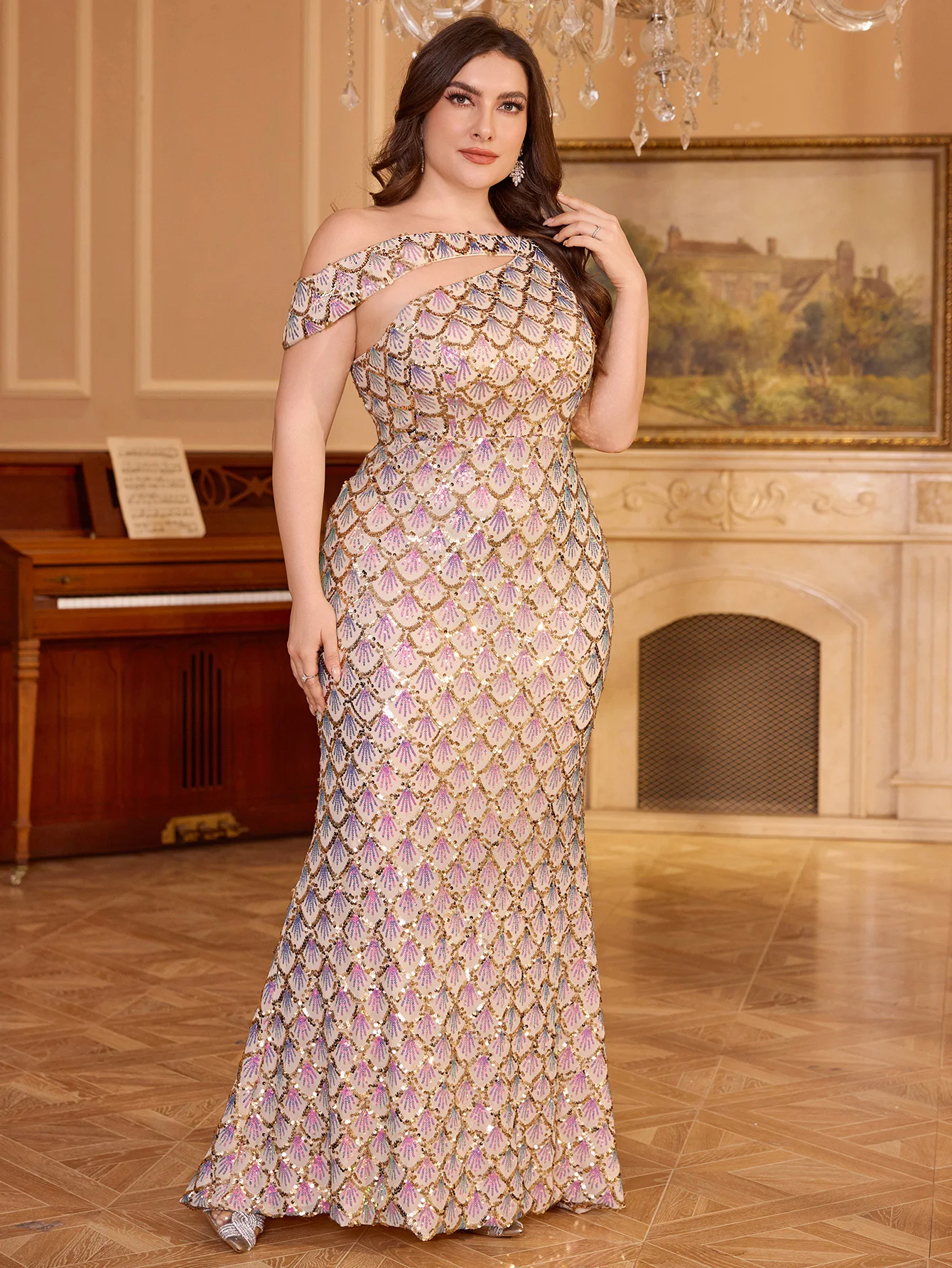 

UNITHORSE плюс размер на одно плечо без рукавов с блестящими хвостами вечернее платье для женщин