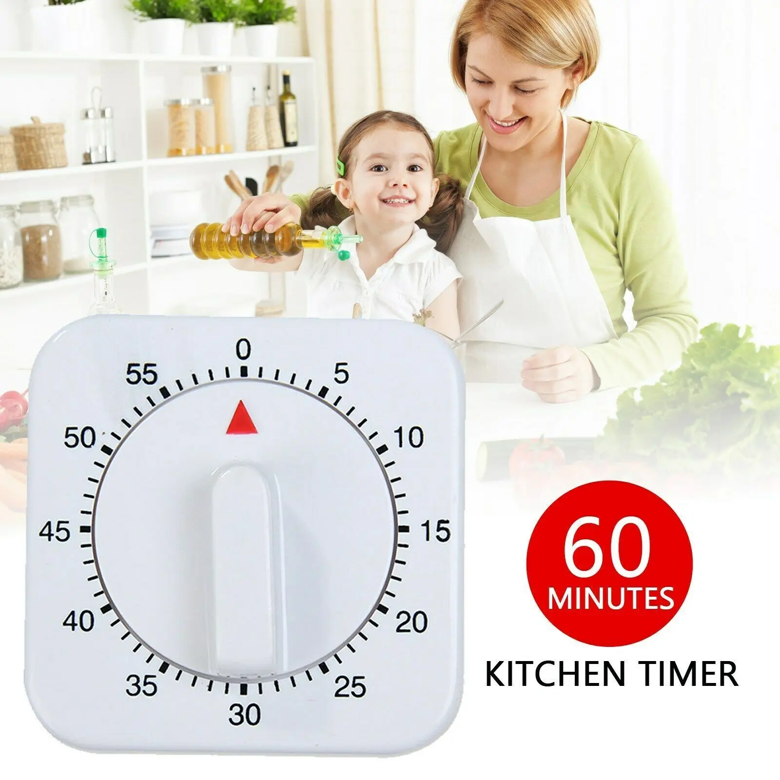 1PCS 60 Minutes Kitchen Timer Count Down Alarm Reminder White Square Wind Up Mechanical Timer For Kitchen Cooking Baking Tools