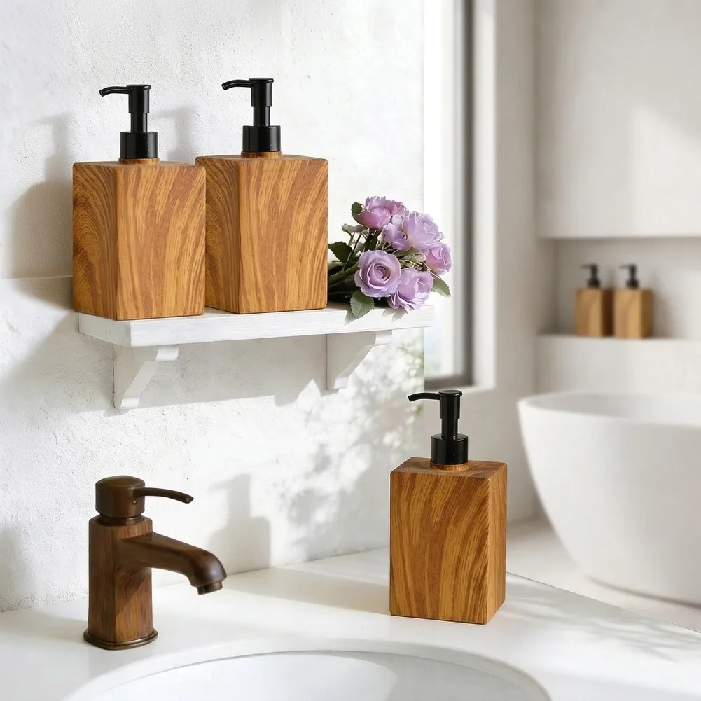Functional Press Bottle Set Walnut Texture for Lotion Shampoo and Hair Care Products 7 x 16.5 cm Organic Resin