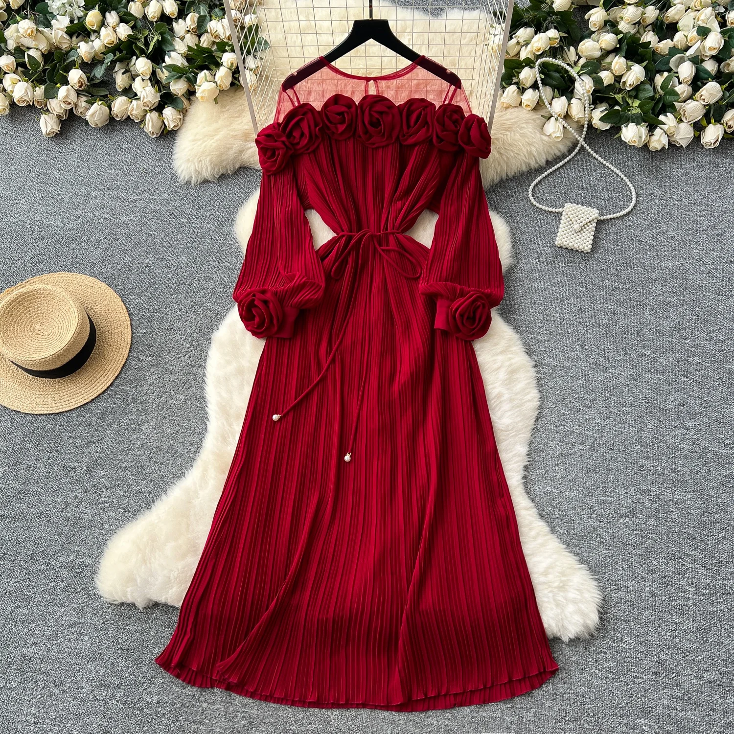

Clothland Women Elegant Flower Midi Dress Long Sleeve Mesh Spliced Sashes One Piece European Style Long Dresses QD931