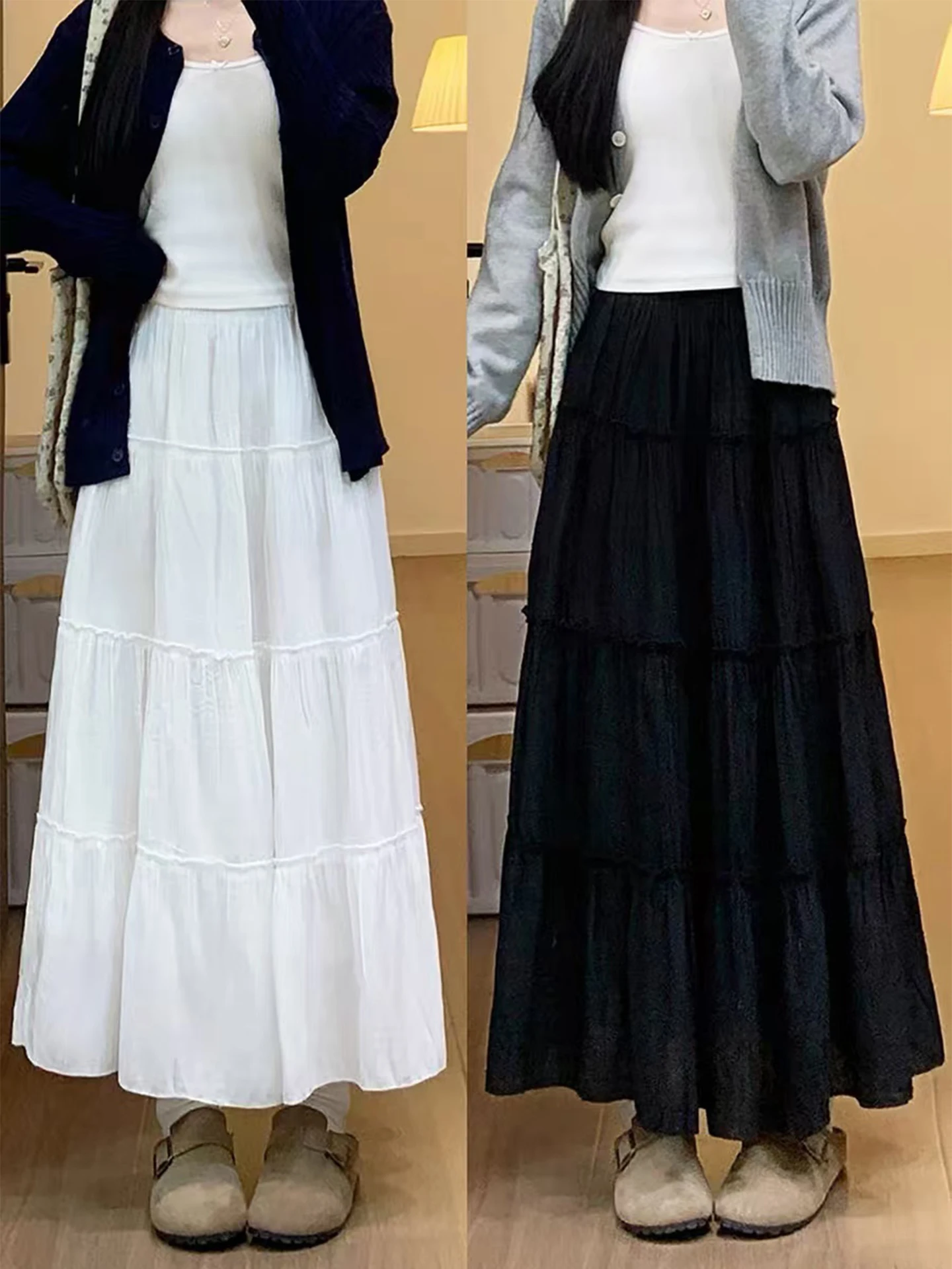 plus Size Women's White Pleated Fluffy Cake Skirt High Waist A-Line Slimming Spring 2026 Style Full-Length Gathered Skirt