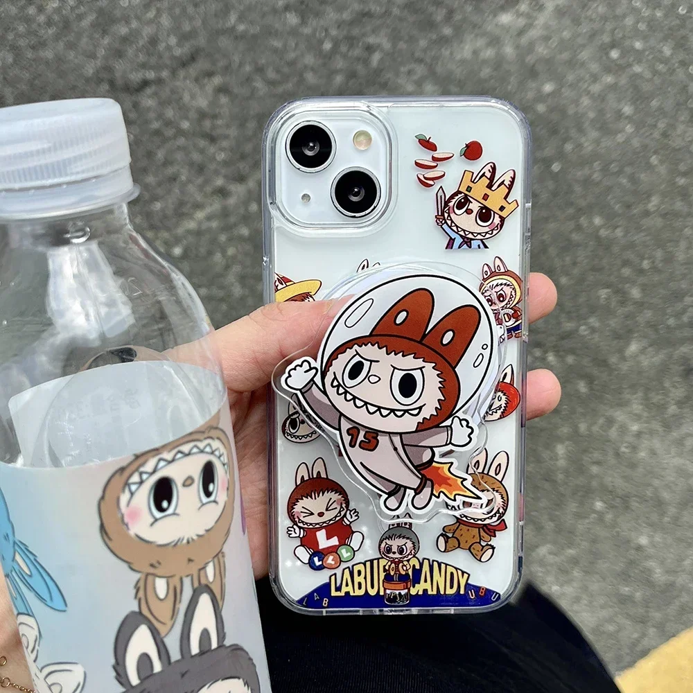 Korea INS Labubu De/Monsters Cartoon Magnetische Houder Beugel Mobiele Telefoon Case voor IPhone16 Magsafe Popsockets Griptok Grip Tok