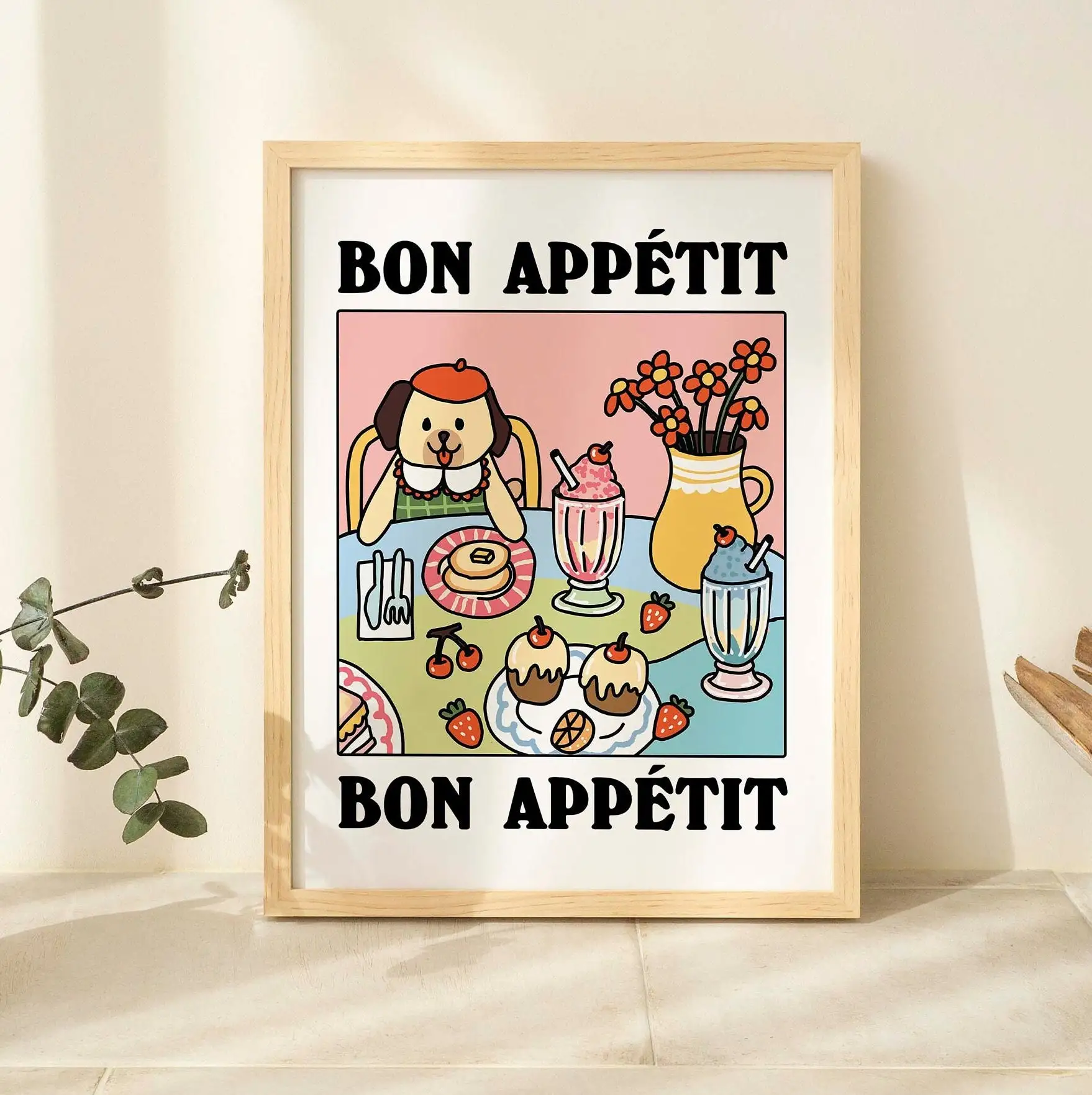 Retro Colorful Cafe Dog Wall Print Cosy Bedroom Kitchen Poster Vintage Food Sausage Dog Illustration Positive Love Quote Picture