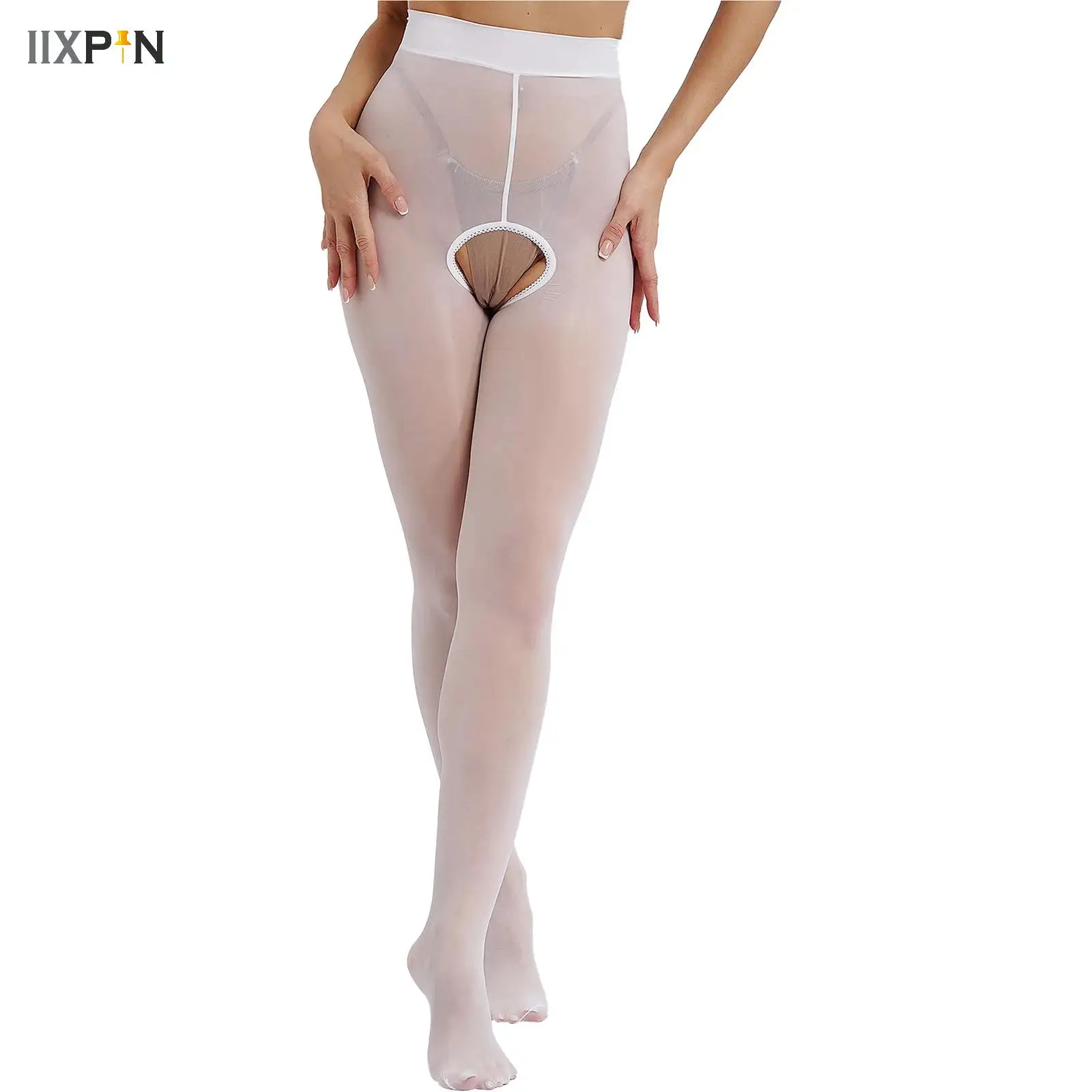 Lady Sexy Wide Crotchless Pantyhose Glossy Tights High Waist Butt Lifting Up Strappy Back Long Stocking Lingerie Open Hosiery