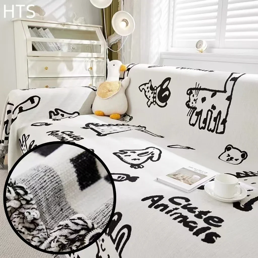 

Simple Style Chenille Sofa Towel Tassels Cartoon Cat Patterns Sofa Cover for Living Room Casual Blankets for Beds