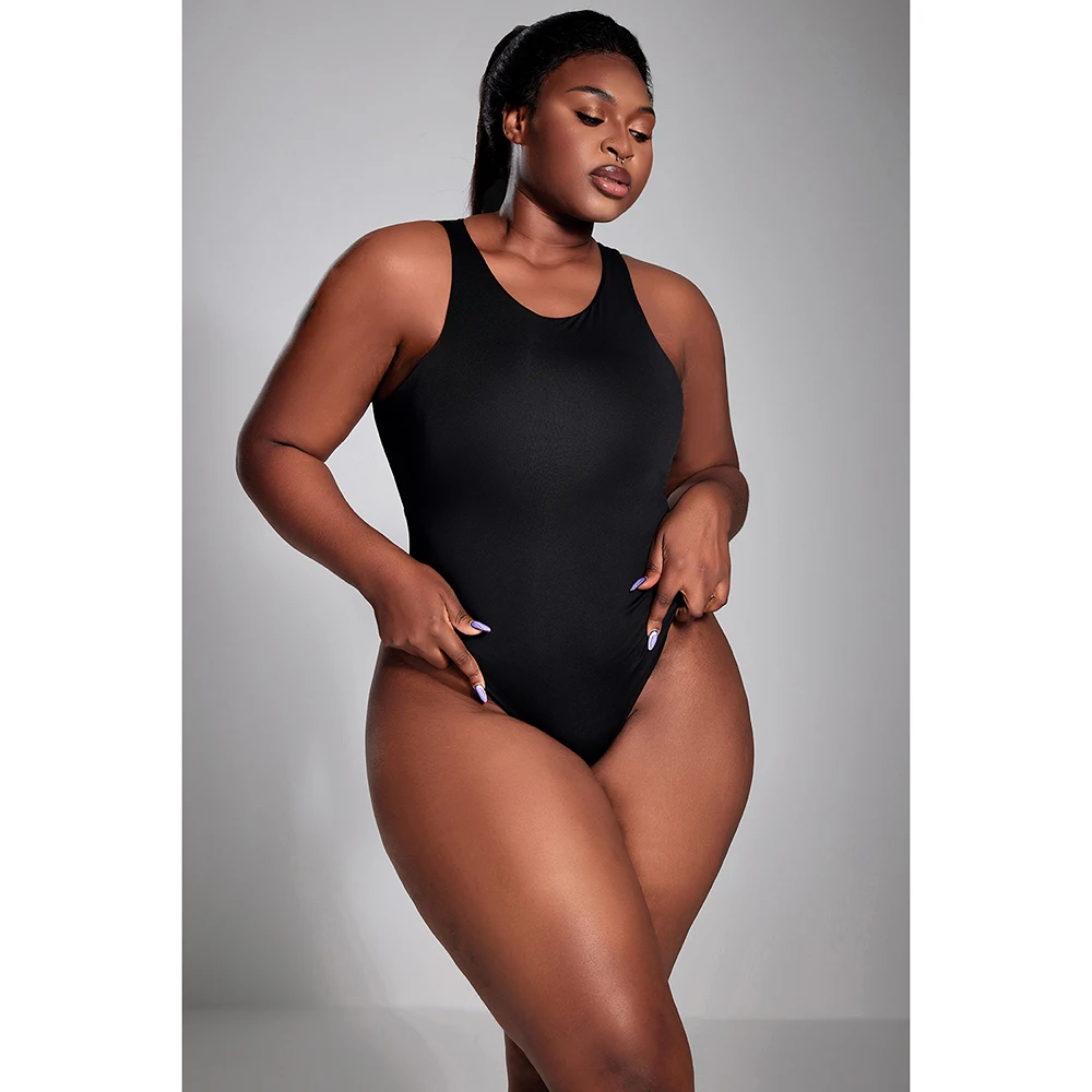 Plus Size Daily Bodysuit Black Tight Sleeveless Top Double Layer Vest Bodysuit