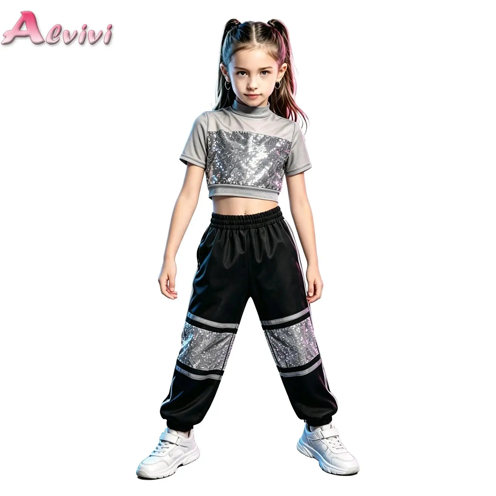 Kinder-Trainingsanzug für Mädchen, Hip-Hop-Jazz-Tanz-Outfit, kurzärmliges, glitzerndes Pailletten-Crop-Top mit Cargohose, modische Streetwear