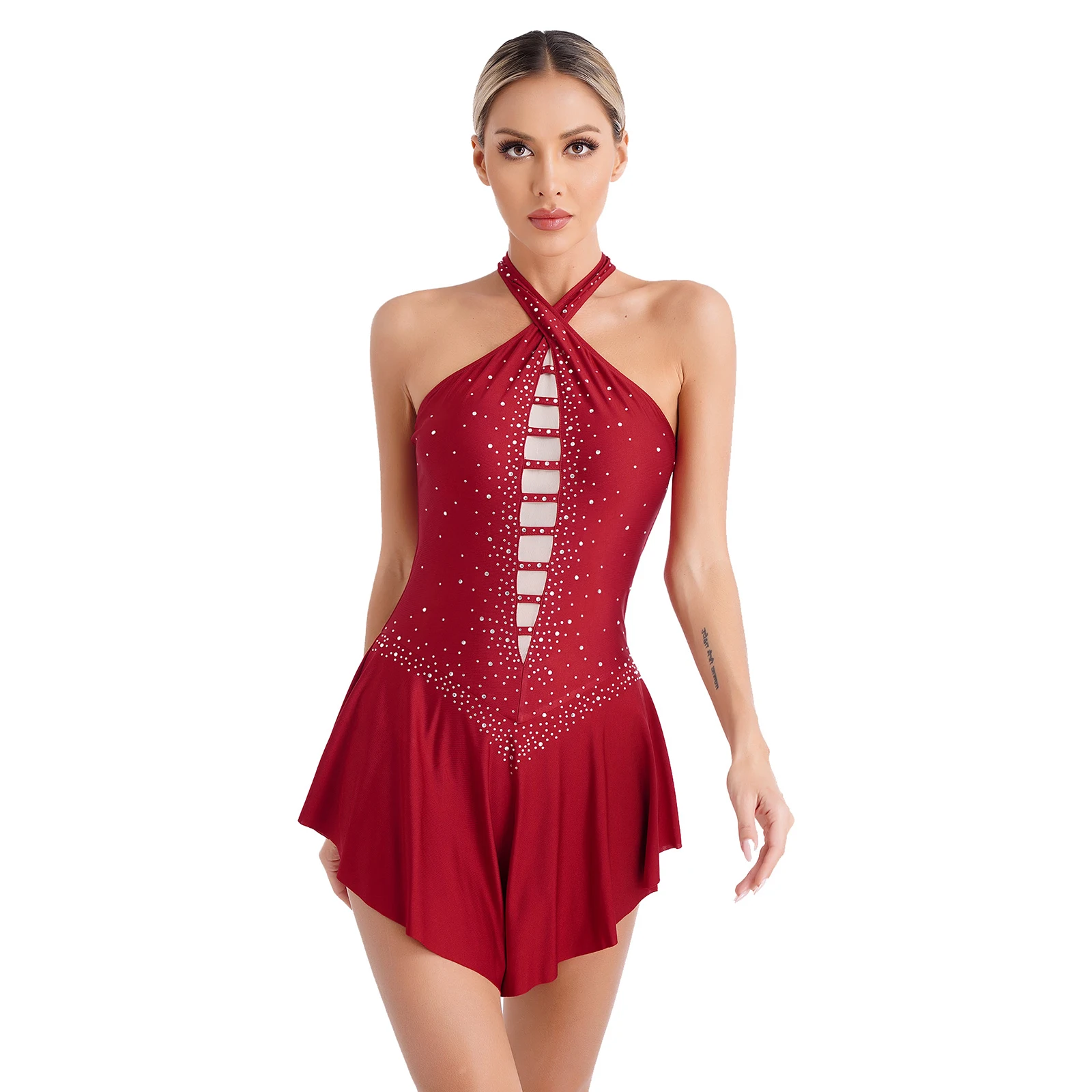 Womens Figure Skating Dress Glittery Rhinestones Strappy Back Halter Sleeveless Dance Leotard Dresses for Stage Performance