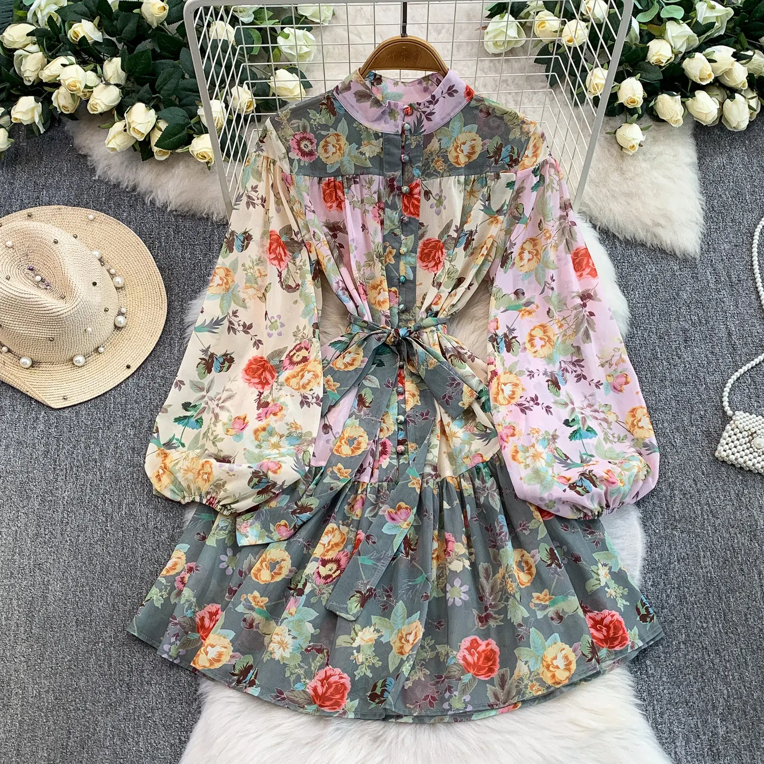 

Summer Holiday Chiffon Gorgeous Flower Mini Dress Women's Stand Long Lantern Sleeve Sashes Floral Print Loose Robe Vestidos
