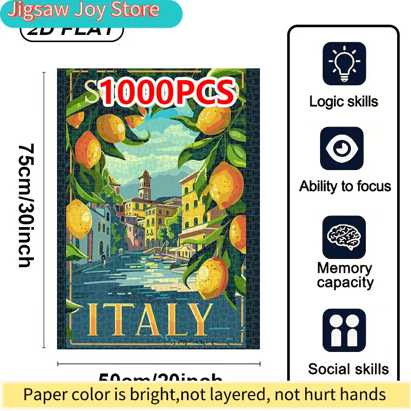 Puzzle a tema viaggio di Sorrento, Italia - Paesaggio italiano vivace di 20x30 pollici con limoniere e città costiera, cartone resistente