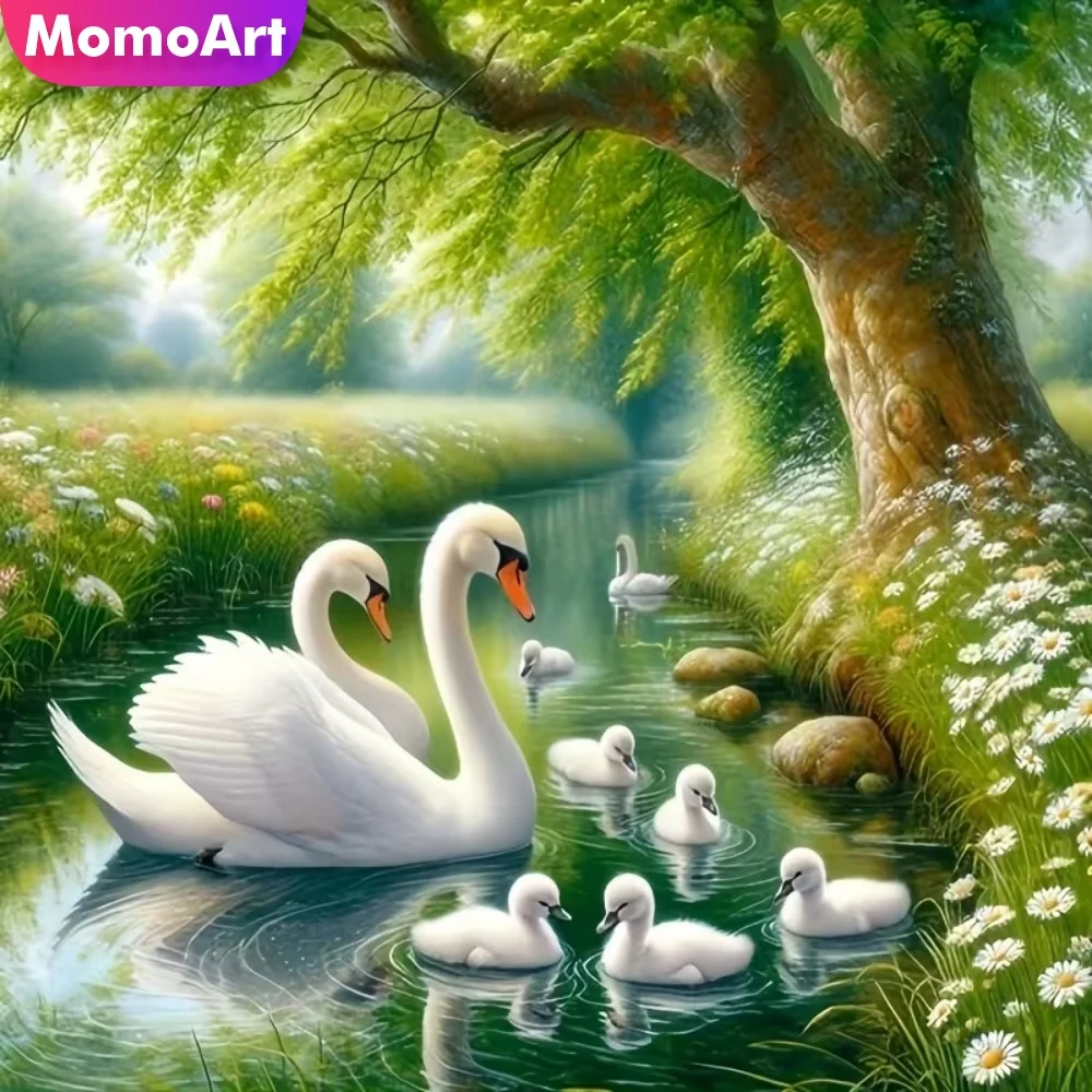 Momoart DIY Diamant-Stickerei Schwan Tier-Malerei Fluss-Muster für Erwachsene Anfänger Diamant-Mosaik Bastelset Einzigartiges Geschenk