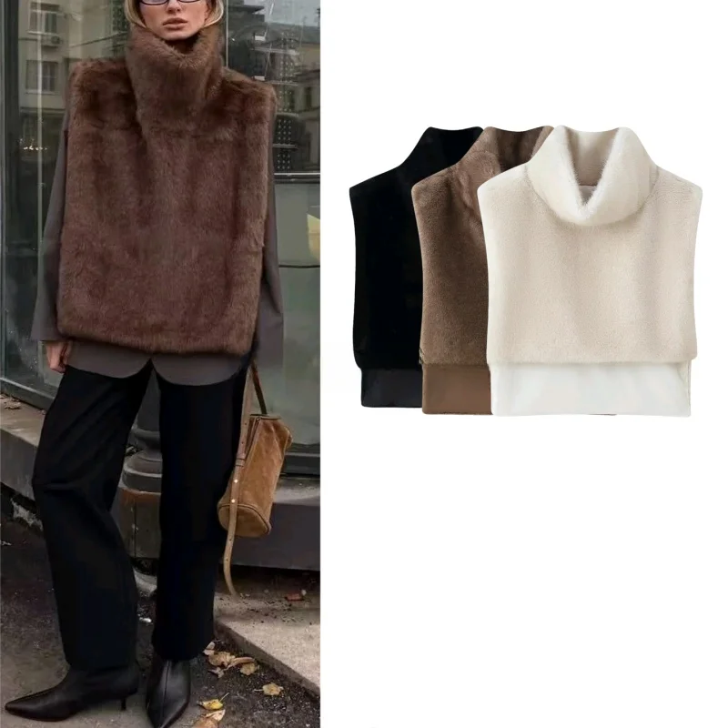 Chaleco envolvente con efecto de piel sintética para mujer, cuello alto, sensación de diseño, informal, holgado, francés, novedad de invierno