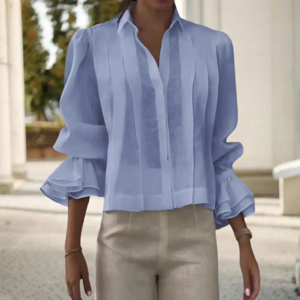 

Женская летняя повседневная блузка с отложным воротником, однотонная, модная, с V-образным вырезом, рукавом до локтя, элегантная офисная рубашка-пуловер свободного кроя, топы-блузы
