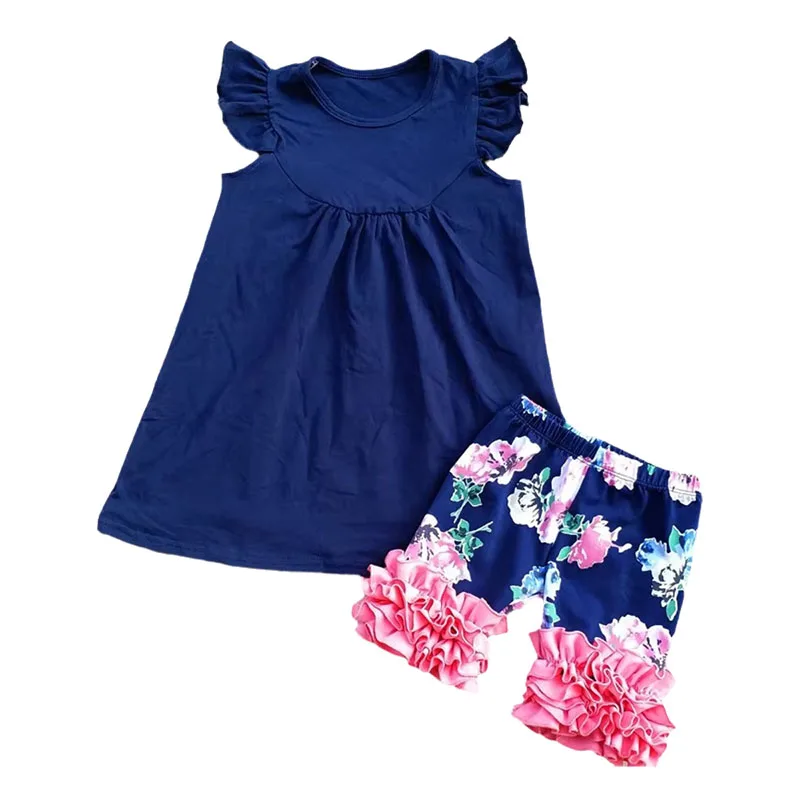 2PCS Toddler Girls Outfits Set Ruffle Sleeve Solid Top Matching Icing Shorts Little Kids 100% Cotton Clothing Set