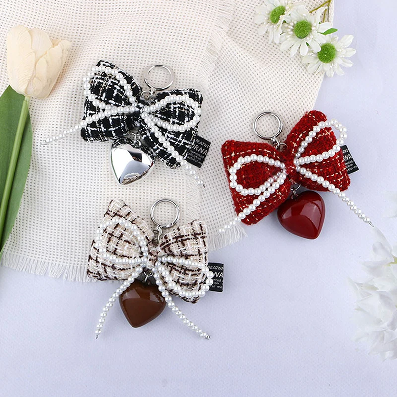 Elegant Sweet Beads Pearl Bowknot Keychain Heart Pendant Keyring Y2K Aesthetic Key Chain Holder for Girl Bag Pendant Accessories