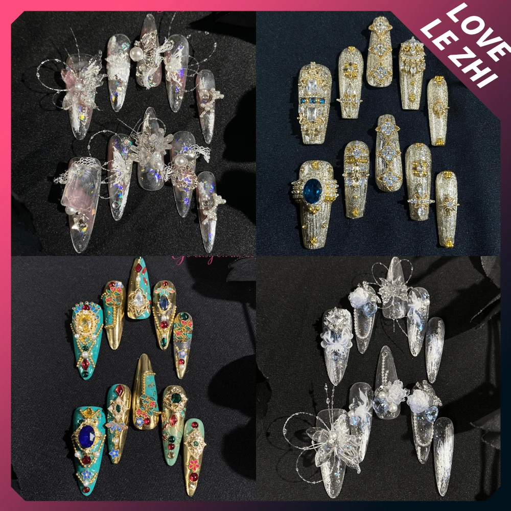 2024 3D Lace Fishing Line Butterfly Press On Nail Art Green Gemstone Gold Luxury Retro Rhinestone High-End Nails Birthday Gift