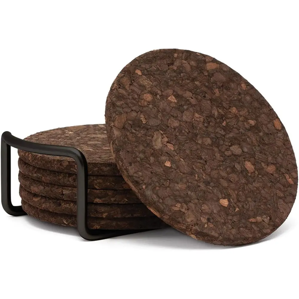 

Set of 6 Thick Cork Coasters in Attractive Black Holder, 4.7 Round, Durable, Absorbent, Easily Wipes Clean