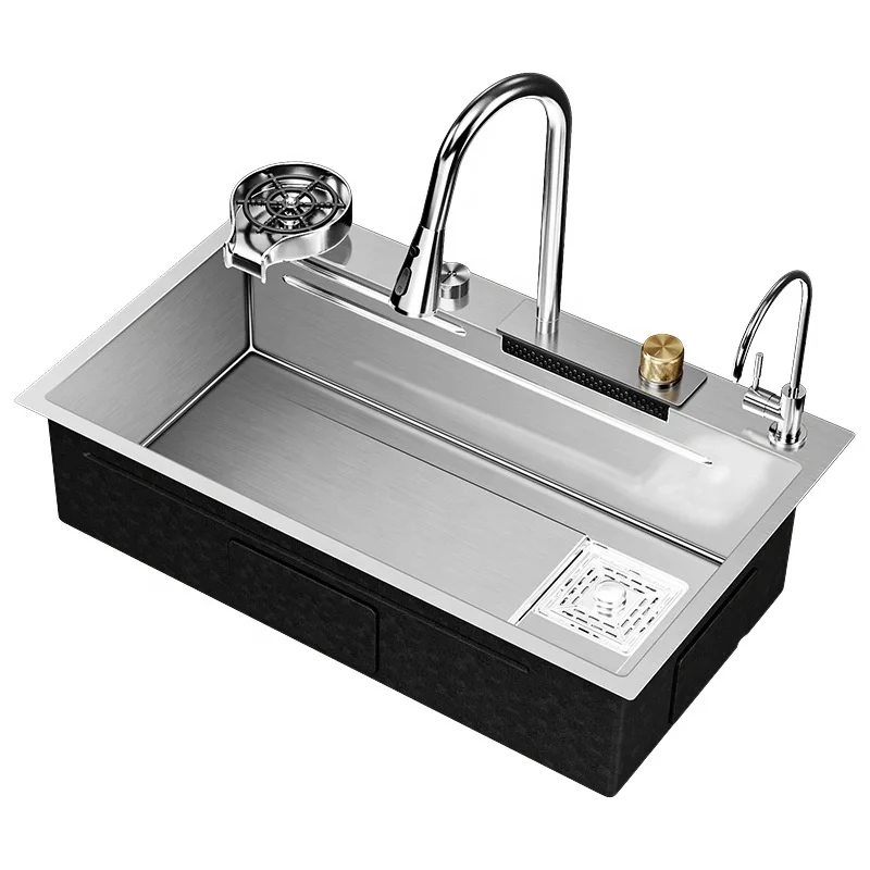 Tiktok Trend SUS304 Multifunctional Silver Smart Digital Display Waterfall Faucet Farmhouse Above Counter Kitchen Sink