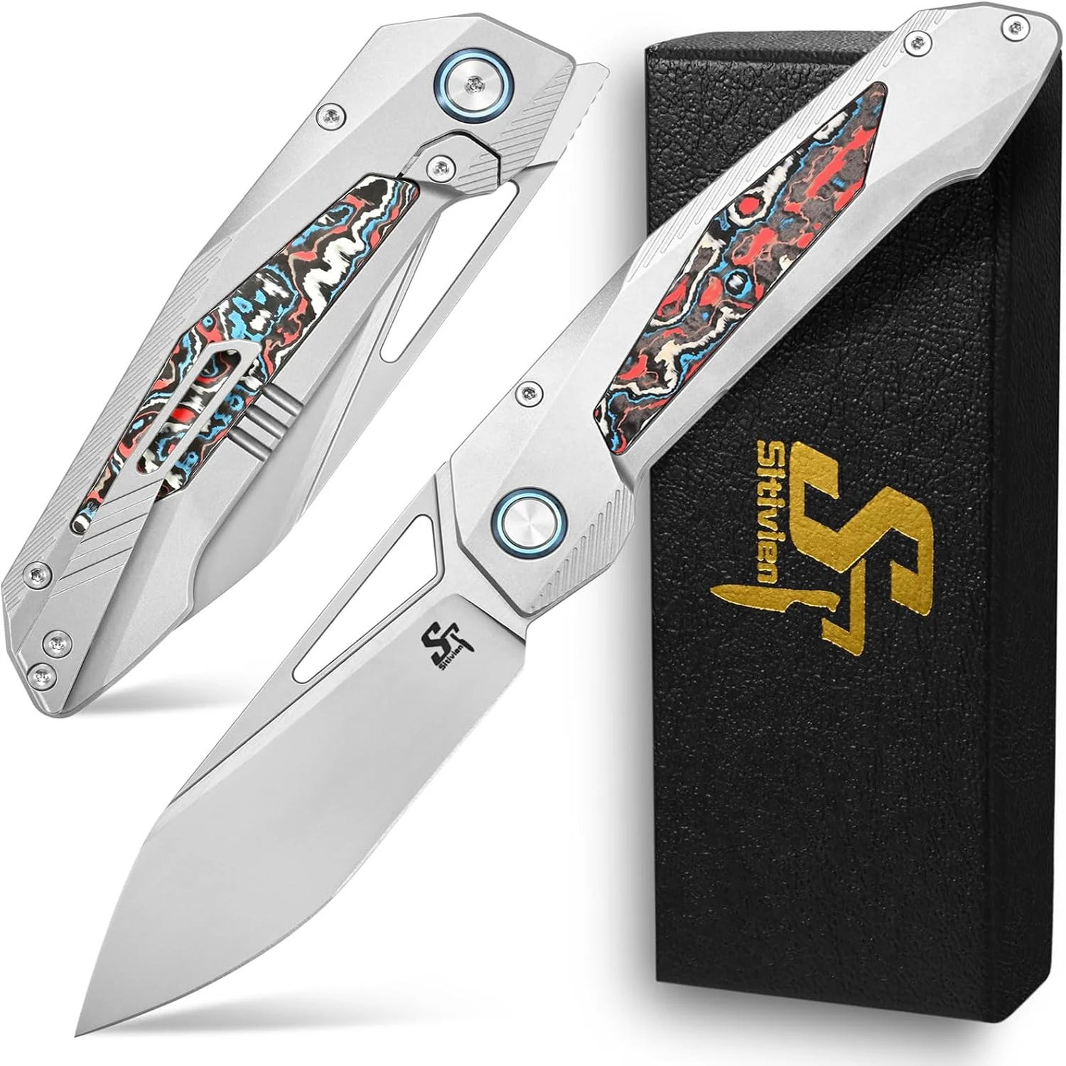 

Sitivien ST666 Folding Knife,Handmade M390 Pearlescent Polishing Blade,Titanium & Colorful Carbon Fiber Handle EDC Tool Knife