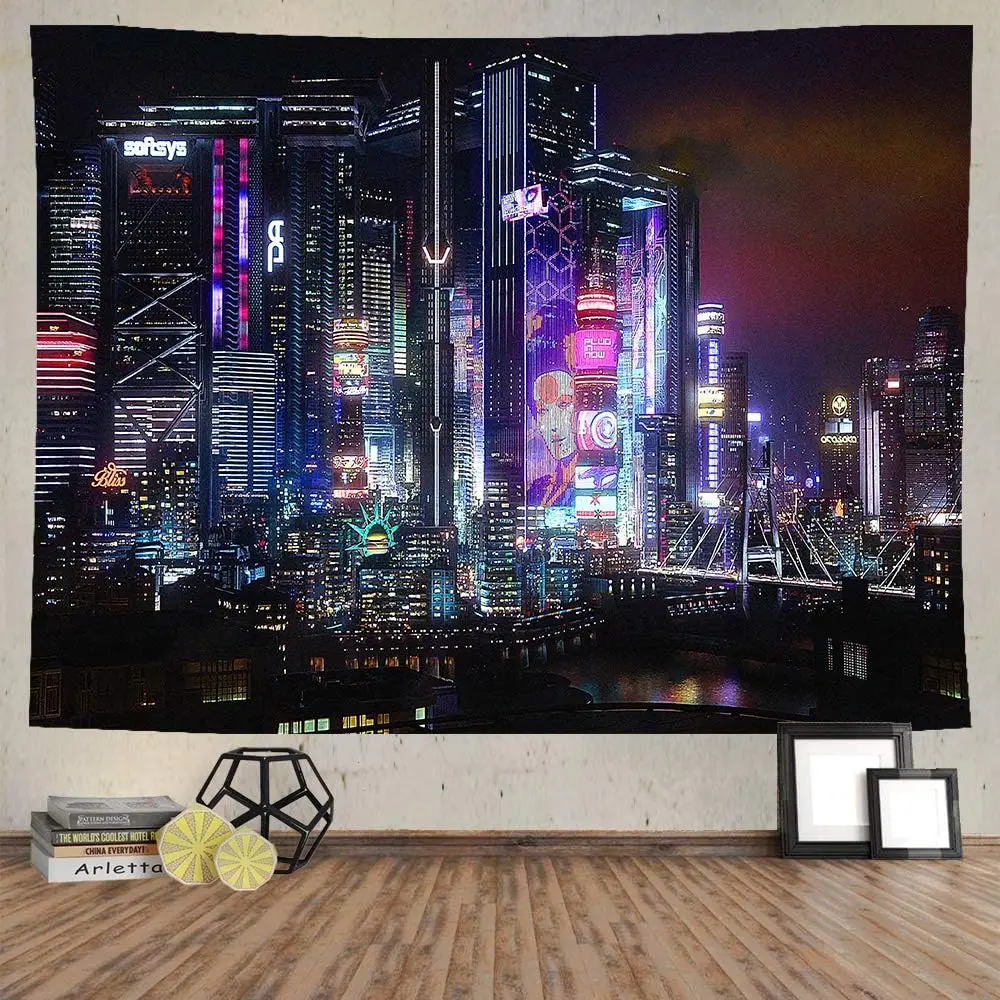 City Night View Tapestry Punk Game Scene Neon Building River View Wall Hanging Bustling Urban Flannel 80x60 Inch Futuristic