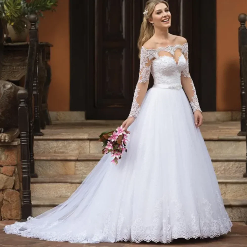 

Elegant A Line Wedding Dress Sexy Off Shoulder Appliques Long Sleeve Bride Gown Custom Made Plus Size Wedding Dresses