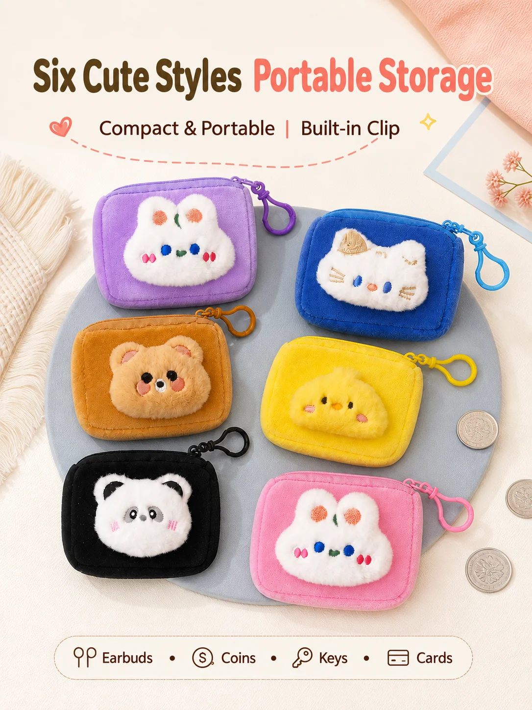 Cartoon Coin Purses for Children Stuffed Cartoon Animal Round Protective Storage Bag Earphone Coin Holder