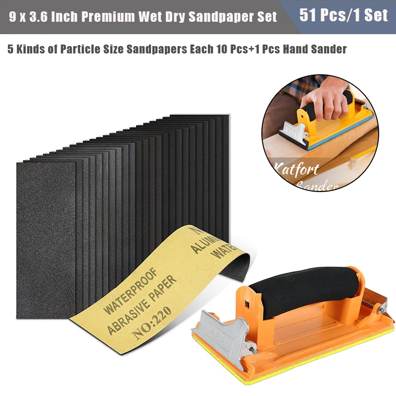 

51 Pcs (9 x 3.6 Inch) Wet/Dry Sandpaper Hand Sander Set Sanding Discs For Wood Sanding Metals Polishing Sheets Grinding Tools