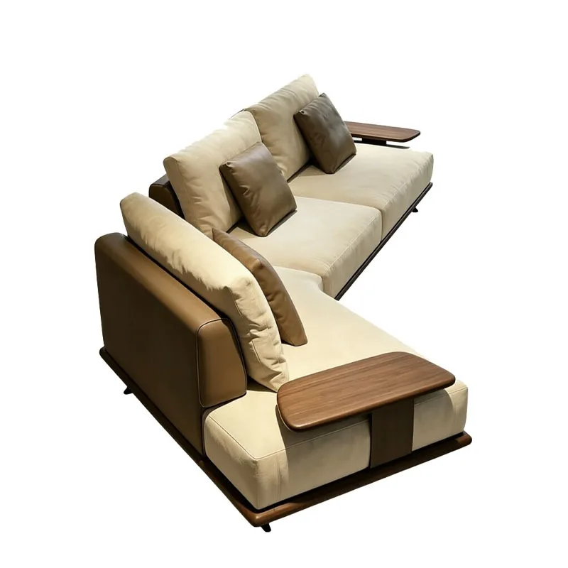 Italian Minimalist L-Shaped Chaise Sofa, Black Walnut Side Table, Leather & Fabric 4-Seater Couch